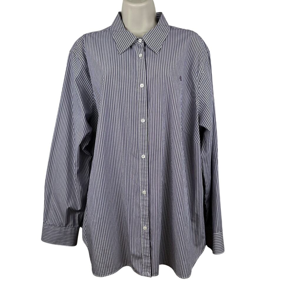Ralph Lauren Women's Blouse Top Button Front Logo Striped Purple 3X Old Money